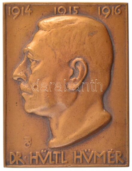 Beck Ötvös Fülöp (1873-1945) 1916. 'Dr. Hültl Hümér 1914 - 1915 -1916 ' egyoldalas, öntött bronz plakett (68x53mm) T:1- kis ph. / Hungary 1916. 'Hültl Hümér MD 1914 - 1915 -1916' one-sided, cast bronze plaque (68x53mm) C:AU small edge