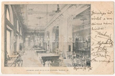 1899 (Vorläufer) Budapest VIII. Schuster Hugó Medicus kávéháza, belső biliárdasztalokkal. Üllői út 30. (EK)