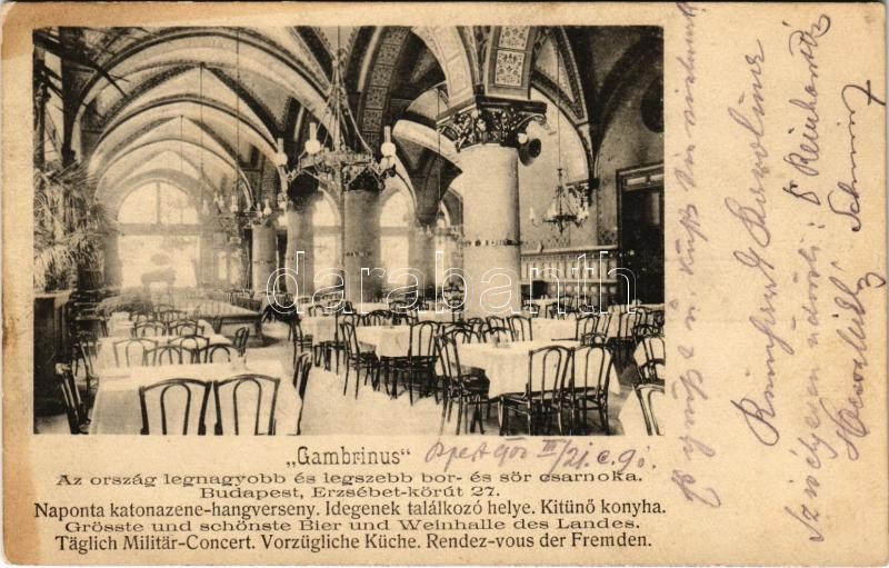 1902 Budapest VII. Gambrinus az ország legnagyobb és legszebb bor és sör csarnoka, belső. Erzsébet körút 27. (fl)