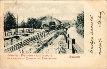 1900 Budapest XII. Svábhegy, fogaskerekű vasút indóháza, vasútállomás vonattal, gőzmozdony, Villa Eötvös reklám. Divald Károly 156. sz. (fa)