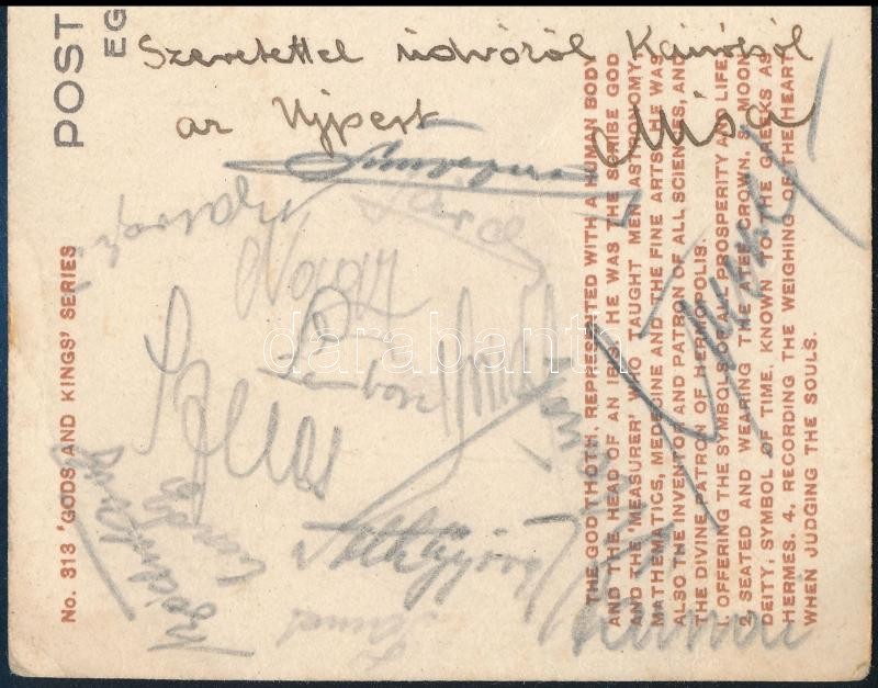 1948 Ujpest - Egyiptom olimpiai válogatott (0:0) labdarúgó mérkőzésről a magyar csapat tagjai által aláírt képeslap. Károlyi, Balogh II. Laborcz, Králdi, Nagymarosi, Egresi, Szusza, Várnai / Autograph signed postcard of Ujpest - Image 2