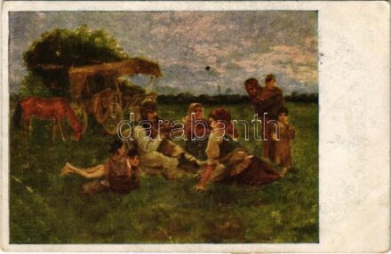 1921 Vándorló cigányok / Gypsy folklore art postcard, traveling gypsies (EK)