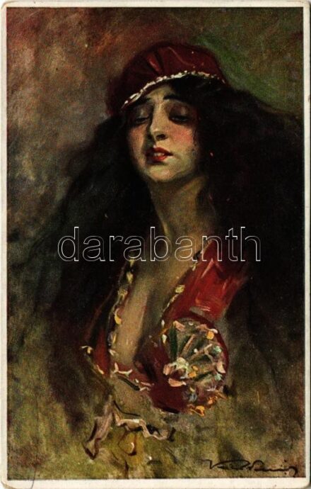 Tanulmányfej. Cigánylány / Studienkopf / Head study. Hungarian Gypsy lady art postcard. Magyar Rotophot Társaság No. 68. s: Kiss Rezső (EK)