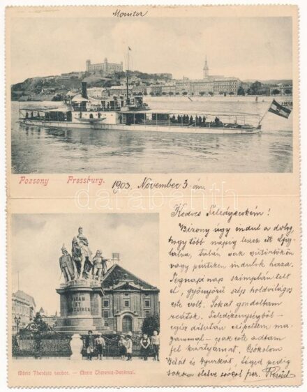 1903 Pozsony, Pressburg, Bratislava; Mária Terézia szobor, SMS Szamos a Császári és Királyi Haditengerészet monitorja. Dunaflottilla - kinyitható képeslap / K.u.K. Kriegsmarine Donauflottille. Bediene dich allein / SMS Szamos