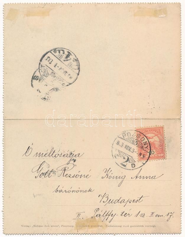 1903 Pozsony, Pressburg, Bratislava; Mária Terézia szobor, SMS Szamos a Császári és Királyi Haditengerészet monitorja. Dunaflottilla - kinyitható képeslap / K.u.K. Kriegsmarine Donauflottille. Bediene dich allein / SMS Szamos - Image 2