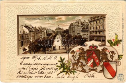 1900 Strasbourg, Strassburg i. Elsass; Broglieplatz / square. Passepartoutkarte 123818. Embossed Art Nouveau coat of arms litho (EK)