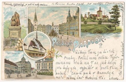 1899 (Vorläufer) Pardubice, Pardubitz; Pomník bratrancu Veverku, Námesti, Zámek, Dekansky chrám, Královské trídy / monument, square, castle, square, church. F. Hoblik Art Nouveau, floral, litho