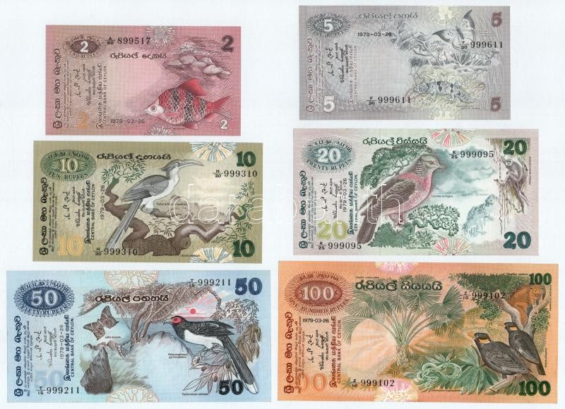 Ceylon 1979. 2R 'A60 899517' + 5R 'F30 999611' + 10R 'H30 999310' + 20R 'K25 999095' + 50R 'T15 999211' + 100R 'Z10 999102' T:I,I- 10R és 20R kis szakadással / Ceylon 1979. 2 Rupee 'A60 899517' + 5 Rupee 'F30 999611' + 10 Rupee 'H30 999310' + 20