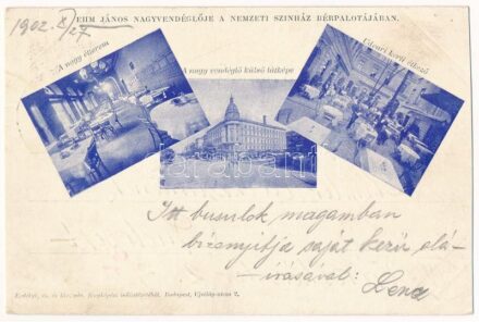 1902 Budapest VIII. Kerepesi út (Rákóczi út), Ehm János nagyvendéglője a Nemzeti Színház bérpalotájában, a nagy étterem, a nagyvendéglő külső látképe, villamos, udvari kerti étkező, pincérek. Erdélyi cs. és kir. udvari