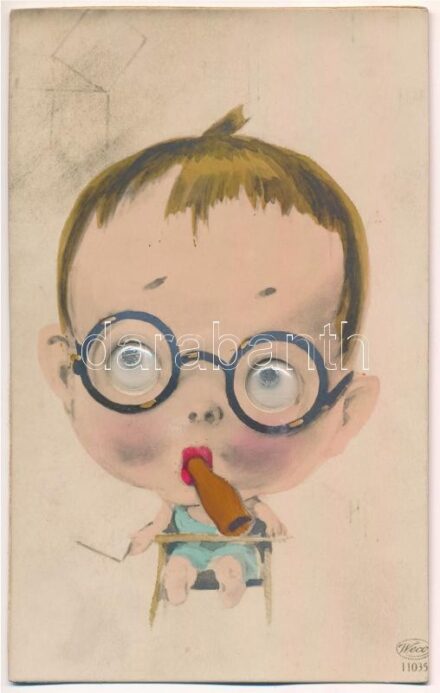 'Bineo Optika' (Bienenstok L. és fia) mechanikus reklámlapja mozgó szemű kisfiúval. Budapest, Deák Ferenc utca 23. / Hungarian optical shop's mechanical advertising postcards, boy with moving eyes. Weco 11035 (fl)