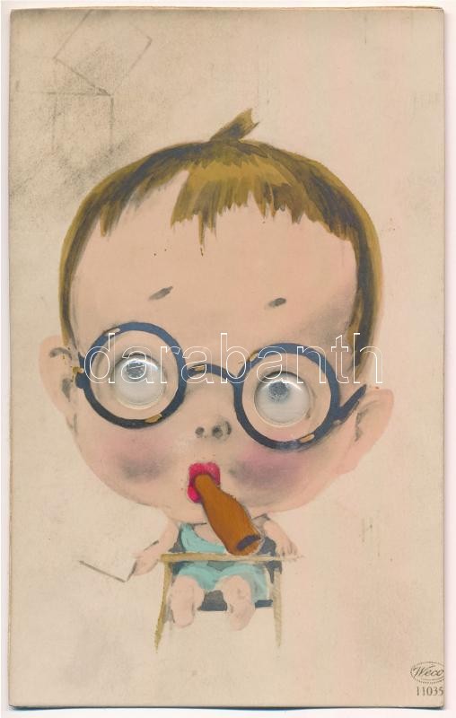 'Bineo Optika' (Bienenstok L. és fia) mechanikus reklámlapja mozgó szemű kisfiúval. Budapest, Deák Ferenc utca 23. / Hungarian optical shop's mechanical advertising postcards, boy with moving eyes. Weco 11035 (fl)