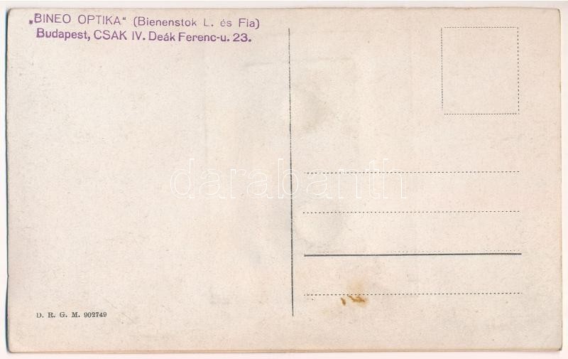 'Bineo Optika' (Bienenstok L. és fia) mechanikus reklámlapja mozgó szemű kisfiúval. Budapest, Deák Ferenc utca 23. / Hungarian optical shop's mechanical advertising postcards, boy with moving eyes. Weco 11035 (fl) - Image 2