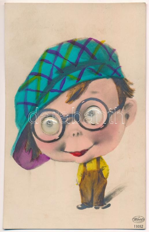 'Bineo Optika' (Bienenstok L. és fia) mechanikus reklámlapja mozgó szemű kisfiúval. Budapest, Deák Ferenc utca 23. / Hungarian optical shop's mechanical advertising postcards, boy with moving eyes. Weco 11032