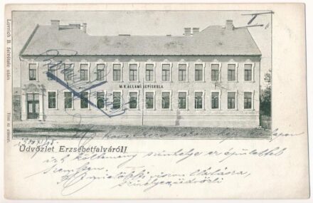 1900 Budapest XX. Pestszenterzsébet, Pesterzsébet, Erzsébetfalva; M. kir. állami népiskola. Lovrich B. felvétele (vágott / cut)