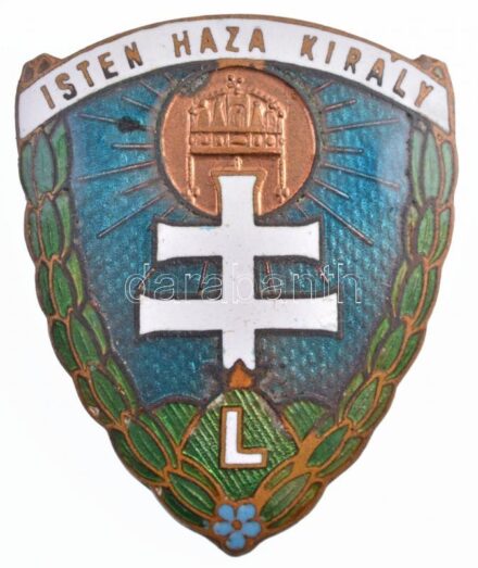 ~1940. 'Isten Haza Király' zománcozott Br levente sapkajelvény (43x35mm) T:2 kis zomámchiba, patina / Hungary ~1940. 'Isten Haza Király (God Homeland King)' enamelled Br Levente cap badge (43x35mm) C:XF small enamel error, patina