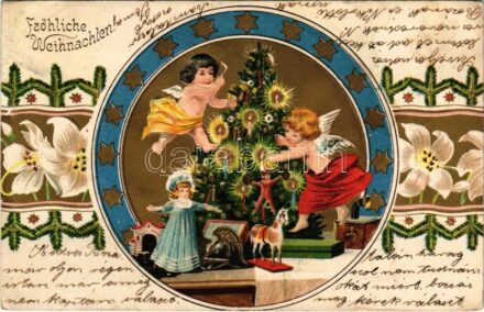 Fröhliche Weihnachten / Dombornyomott szecessziós karácsonyi üdvözlőlap angyalokkal / Christmas greeting, angels. Art Nouveau, embossed litho (szakadás / tear)