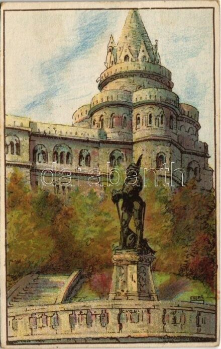 Budapest I. Részletek a Halászbástyáról. Készültek az O. M. Kir. Iparművészeti Iskolában. Magyar Földrajzi Intézet R.-T. kiadása s: Fejes (EK)