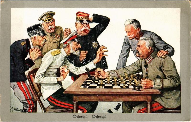 Schach! Schach! / Sakk! Sakk! Antanthatalmak ellenes első világháborús katonai propaganda / Hindenburg and Conrad von Hötzendorf, WWI anti-Entente Powers military propaganda. M. Munk Wien Nr. 1036 s: Theodor Zasche (EK)