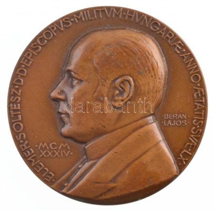 Berán Lajos (1882-1943) 1934. 'Soltész Elemér református tábori püspök' kétoldalas bronz emlékérem (40mm) T:1- patina, kis ü. / Hungary 1934. 'Elemér Soltész reformed bishop' two-sided bronze commemorative medallion. Sign.:Lajos