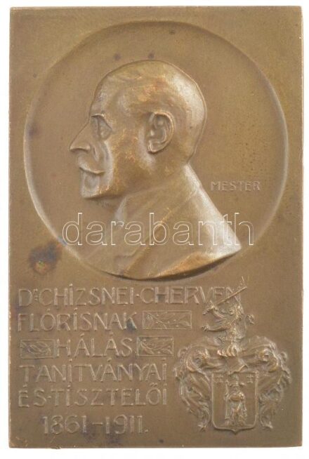 Mester Jenő (1882-1961) 1911. 'Dr. Chizsnei Cherven Flórisnak - Hálás tanítványai és tisztelői - 1861-1911' egyoldalas Br emlékplakett (54x36mm) T:2 patina, kis ph. / Hungary 1911. 'For Dr. Cherven Flóris Chizsnei - His grateful disciples