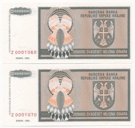 Horvátország / Krajnai Szerb Köztársaság 1993. 20.000.000D (2x) 'Z' pótkiadás 'Z 0001060', 'Z 0001070' T:I Croatia / Republic of Serbian Krajina 1993. 20.000.000 Dinara (2x) 'Z' replacement series with 'Z 0001060', 'Z 0001070' serials C:UNC