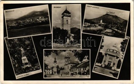1940 Rozsnyó, Roznava; látkép, Rákóczi őrtorony magyar címerrel és irredenta propagandával, Franciska szobor, Krasznahorka vára, Andrássy mauzóleum, Kossuth szobor, Rákóczi tér, üzletek. Gömöri kiadása / general view, watchtower