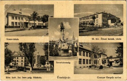 1941 Érsekújvár, Nové Zámky; Simor iskola, Szentháromság szobor, M. kir. állami kereskedelmi iskola, Római katolikus Szent Imre polgári fiúiskola, Czuczor Gergely szobra. Peczár Károly kiadása / schools, Holy Trinity statue, monument