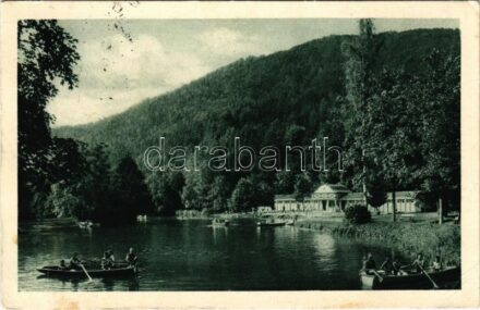 1927 Trencsénteplic, Trencianske Teplice; Plovárna / Sandbad mit Schwimmschule / Homokfürdő, csónakázók / lake, rowing boats (EB)