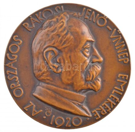 Beck Ö. Fülöp (1873-1945) 1920. 'Az Országos Rákosi Jenő-ünnep emlékére' egyoldalas bronz emlékérem (65mm)T:1- patina, ph. / Hungary 1920. 'In memory of the national Jenő Rákosi holiday' one-sided bronze commemorative medallion.