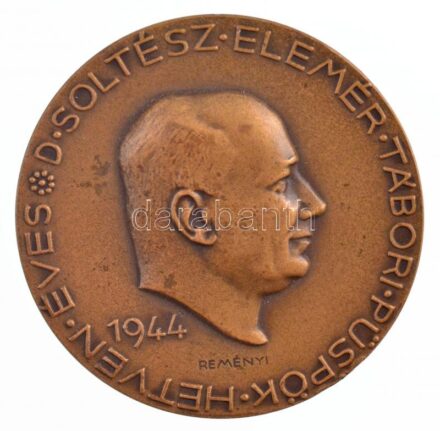 Reményi József (1887-1977) 1944. 'Dr. Soltész Elemér református tábori püspök 70 éves' kétoldalas Br emlékérem (40mm) T:1- patina, kis ph / Hungary 1944. 'The 70th Anniversary of Dr. Elemér Soltész, reformed bishop' two-sided Br