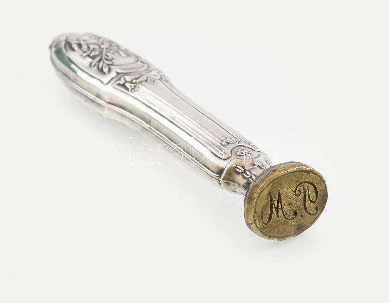 Ezüst (Ag) nyelű pecsétnyomó réz pecséttel, 12 cm, br 56 g