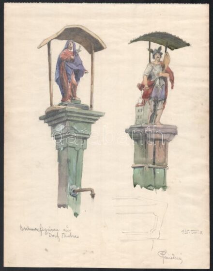 Páris Erzsi (1887-?): Kutakat díszítő szobrok Ambrasban (Brunnenfiguren aus Dorf Ambras), 1935. Ceruza, akvarell, papír, jelzett, 32x24 cm / watercolour and pencil on paper, signed
