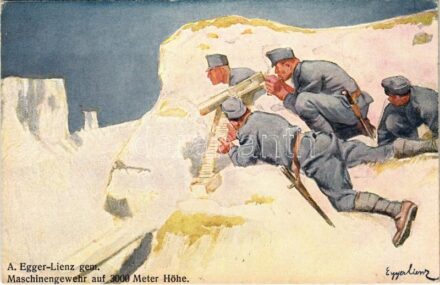 Maschinengewehr auf 3000 Meter Höhe. Offizielle Karte für Rotes Kreuz, Kriegsfürsorgeamt, Kriegshilfsbüro und die Tiroler Standschützen Nr. 325. / WWI Austro-Hungarian K.u.K. military art postcard, support fund, machine gun in the South