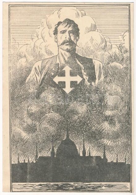 Magyar nyilaskeresztes propaganda művészlap. Nemzet Szava kiadása. Hátoldalon 'Budapesti Ügyészség 1936 Ápr. 22. Átvette' bélyegzés / Hungarian Arrow Cross Party propaganda art postcard (EK)