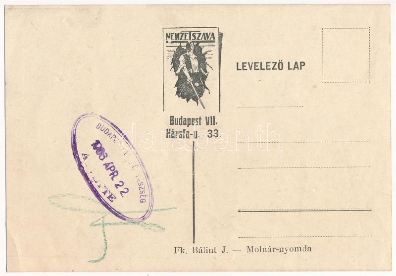 Magyar nyilaskeresztes propaganda művészlap. Nemzet Szava kiadása. Hátoldalon 'Budapesti Ügyészség 1936 Ápr. 22. Átvette' bélyegzés / Hungarian Arrow Cross Party propaganda art postcard (EK) - Image 2