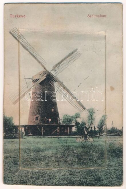1915 Túrkeve, szélmalom. Leporellolap belül az Oroszlán vendéglő, Népkerti és sétakerti pavilonok. Daróczy Antal kiadása (kis szakadás / small tear)
