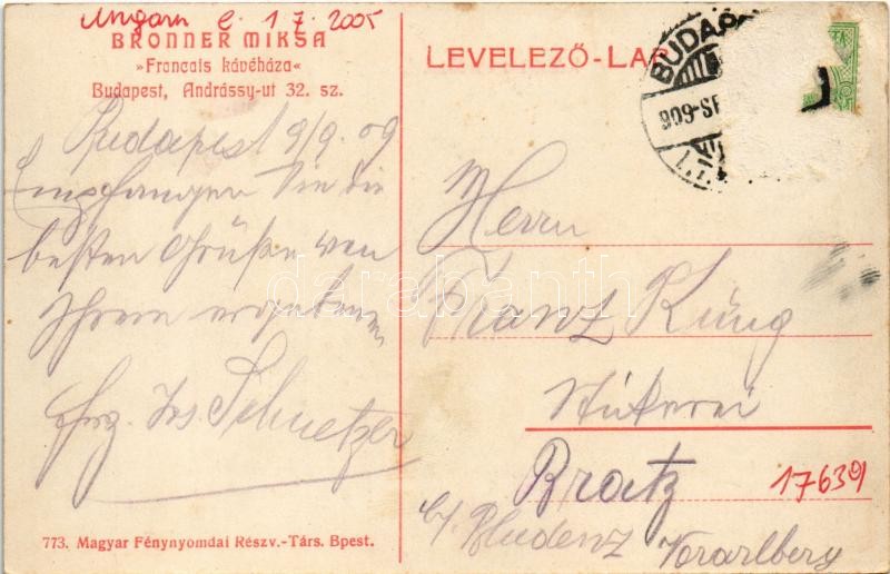 1909 Budapest VI. Bronner Miksa 'Francais' kávéháza, belső. Andrássy út 32. (Rb) - Image 2