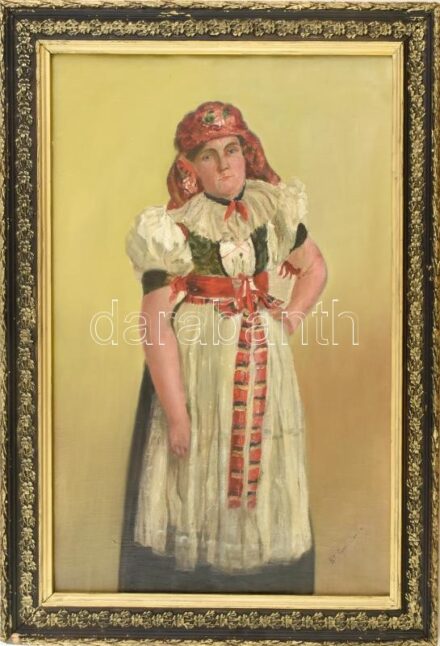 Olvashatatlan jelzés: Menyecske népviseletben. Olaj, vászon, fa, 57x37 cm. Dekoratív, kissé sérült fakeretben.