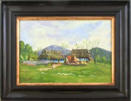 Sztelek jelzéssel: Nagybányai táj. Olaj, vászon, kartonra kasírozva. Jelzett. Dekoratív, kissé sérült fakeretben. 30x44,5 cm.