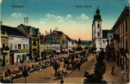 1917 Gyöngyös, Hanisz Imre tér, piac, Deutsch Salamon és fia részvénytársaság és Steinitz Gábor papírnagykereskedése és könyvnyomdája, üzletek. Bucsánszky Kálmánné kiadása