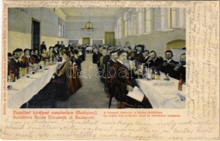 1909 Budakeszi, Erzsébet királyné szanatórium, belső, betegek étkezése a közös ebédlőben. Erdélyi cs. és kir. fényk. + 'ERZSÉBET KIRÁLYNÉ SZANATÓRIUM POSTAI ÜGYN.'