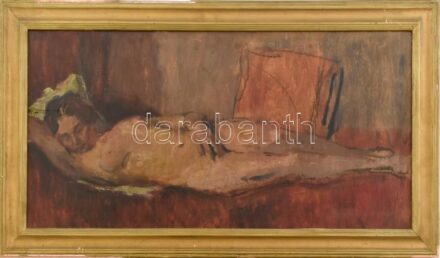 Kunffy jelzéssel: Női akt. Olaj, falemez, jelzett, sérült, 28×57 cm.. Dekoratív, sérült fakeretben, 27,5x57 cm
