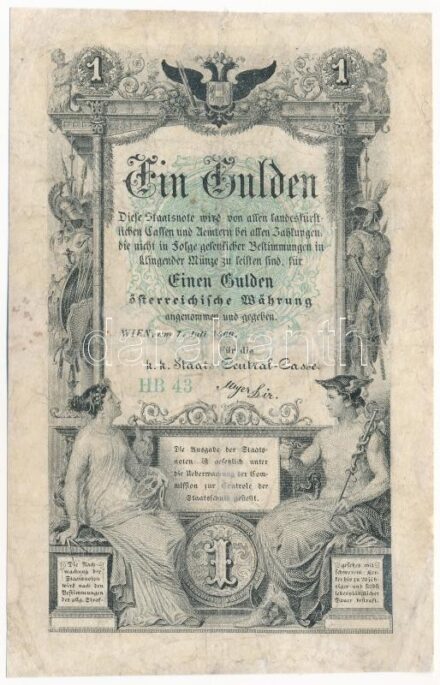 1866. 1G vízjeles papíron, 'HB 43' sorszámmal T:III restaurált / Austrian Empire 1866. 1 Gulden on watermarked paper, 'HB 43' serial number C:F restored Adamo G97