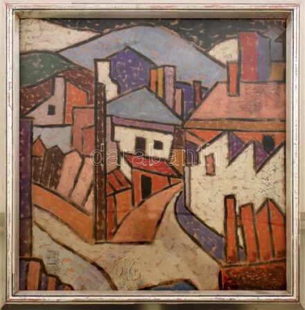 Farkasházy Miklós jelzéssel: Utcarészlet. Olaj, fa. Dekoratív, üvegezett, kissé sérült fakeretben. 50x40 cm