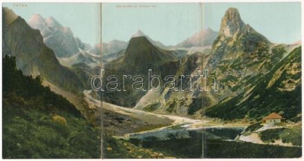 Tátra, Vysoké Tatry; Frigyes főherceg menház a Zöld-tónál. Feitzinger Ede 1905. Három-részes kihajtható panorámalap / Zelené pleso. 3-tiled folding panoramacard (r)