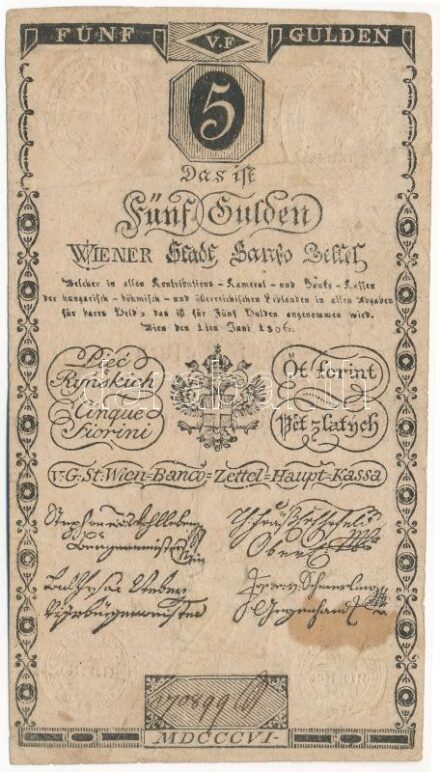 1806. 5G 'Bécsi városi bankócédula' vízjeles papíron, '270899' T:III fo. / Habsburg Monarchy 1806. 5 Gulden 'Wiener-Stadt Banco-Zettel' on watermarked paper, '270899' C:F spotted Adamo G39