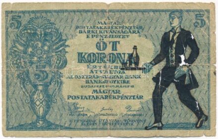 1919. 5K 'OSZTRÁK-MAGYAR BANK...' előlapján gúnyrajz T:III-,IV / Hungary 1919. 5 Korona 'OSZTRÁK-MAGYAR BANK...' with hand drawn caricature on front C:VG,G Adamo K8Be