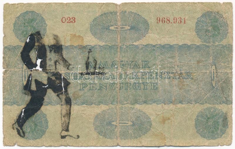 1919. 5K 'OSZTRÁK-MAGYAR BANK...' előlapján gúnyrajz T:III-,IV / Hungary 1919. 5 Korona 'OSZTRÁK-MAGYAR BANK...' with hand drawn caricature on front C:VG,G Adamo K8Be - Image 2