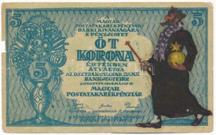1919. 5K 'OSZTRÁK-MAGYAR BANK...' előlapján gúnyrajz T:III- / Hungary 1919. 5 Korona 'OSZTRÁK-MAGYAR BANK...' with hand-drawn caricature on front C:VG Adamo K8Be