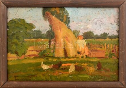Tornyai jelzéssel: Vidéki élet. Olaj, karton. Kissé sérült. Kissé kopott fakeretben, 21,5×30,5 cm